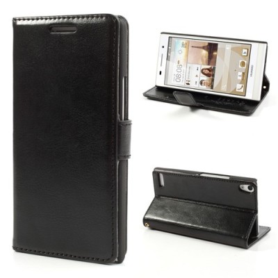 Atvērams ādas melns Huawei Ascend P6 maciņš / Vacins.lv