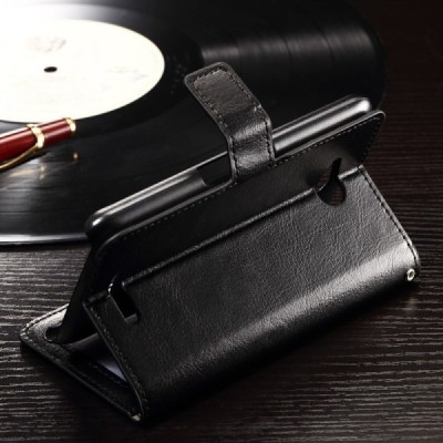 Sony Xperia E4g atverčiamas juodas odinis dėklas - piniginė / Priedai.lt