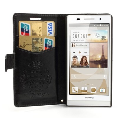 Atvērams ādas melns Huawei Ascend P6 maciņš / Vacins.lv