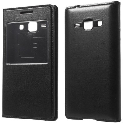 Samsung Galaxy J1 melns atvēramais Smart Window ādas maciņš / Vacins.lv