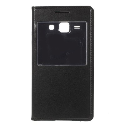 Samsung Galaxy J1 juodas odinis atverčiamas „Smart Window“ dėklas su langeliu / Priedai.lt