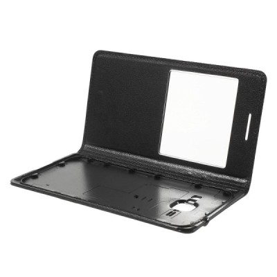 Samsung Galaxy J1 juodas odinis atverčiamas „Smart Window“ dėklas su langeliu / Priedai.lt