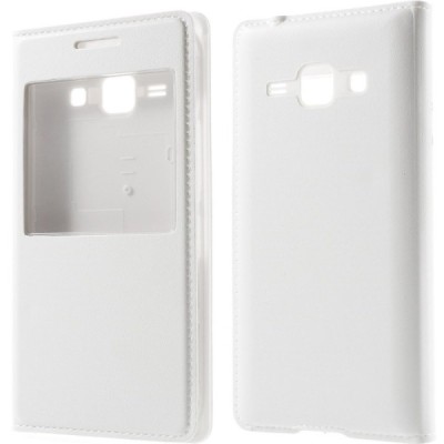 Samsung Galaxy J1 baltas odinis atverčiamas „Smart Window“ dėklas su langeliu / Priedai.lt