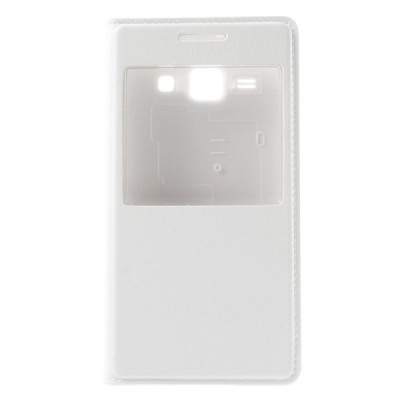 Samsung Galaxy J1 baltas odinis atverčiamas „Smart Window“ dėklas su langeliu / Priedai.lt