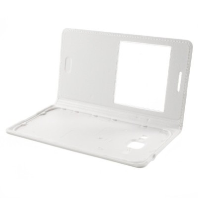 Samsung Galaxy J1 baltas odinis atverčiamas „Smart Window“ dėklas su langeliu / Priedai.lt