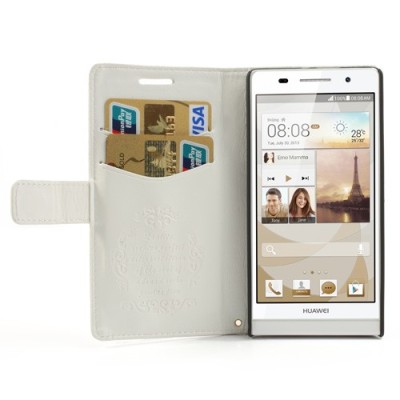 Atvērams ādas balts Huawei Ascend P6 maciņš / Vacins.lv