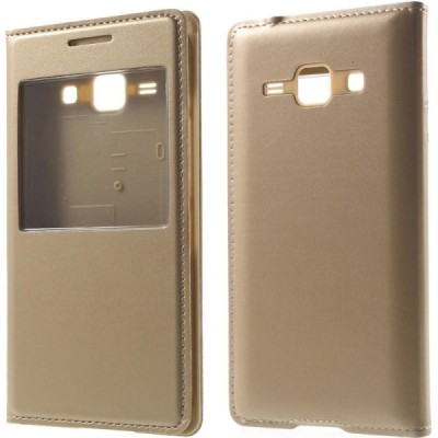 Samsung Galaxy J1 zelta atvēramais Smart Window ādas maciņš / Vacins.lv