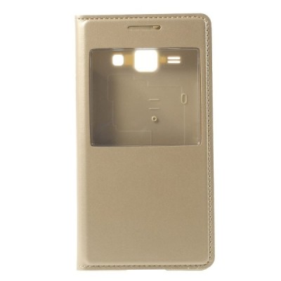 Samsung Galaxy J1 auksinis odinis atverčiamas „Smart Window“ dėklas su langeliu / Priedai.lt