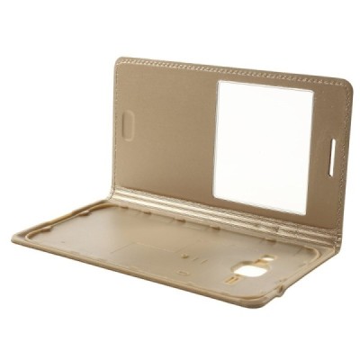 Samsung Galaxy J1 auksinis odinis atverčiamas „Smart Window“ dėklas su langeliu / Priedai.lt