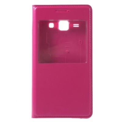 Samsung Galaxy J1 rožinis odinis atverčiamas „Smart Window“ dėklas su langeliu / Priedai.lt