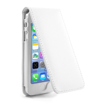 Vertikaliai atverčiamas baltas odinis Apple iPhone SE (5, 5s) dėklas (dėkliukas) / Priedai.lt