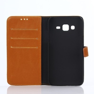 Samsung Galaxy J5 atvēramais ādas gaiši brūns retro maciņš (maks) / Vacins.lv