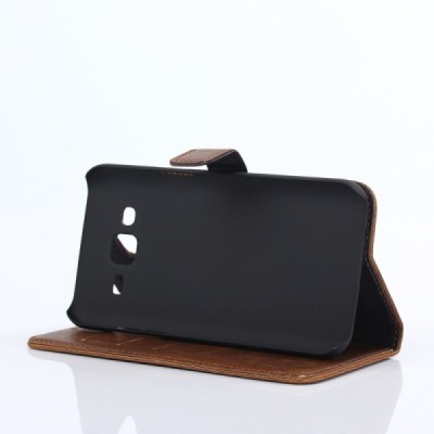 Samsung Galaxy J5 atverčiamas tamsiai rudas odinis retro dėklas - piniginė / Priedai.lt