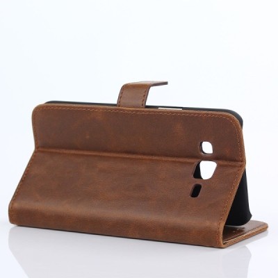 Samsung Galaxy J5 atverčiamas tamsiai rudas odinis retro dėklas - piniginė / Priedai.lt