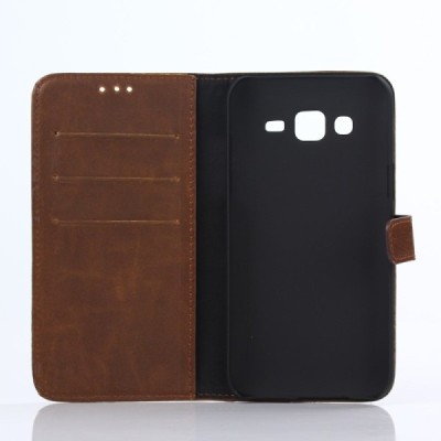 Samsung Galaxy J5 atverčiamas tamsiai rudas odinis retro dėklas - piniginė / Priedai.lt