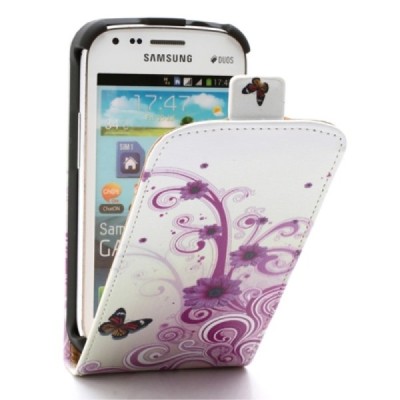 Samsung Galaxy S Duos 2 S7582, S Duos S7562, Trend S7560, Trend Plus S7580 vertikāli atvēramais puķains balts maciņš / Vacins.lv