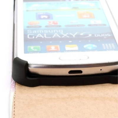 Samsung Galaxy S Duos 2 S7582, S Duos S7562, Trend S7560, Trend Plus S7580 vertikāli atvēramais puķains balts maciņš / Vacins.lv