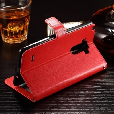 LG G4 Stylus (H635) atverčiamas raudonas odinis dėklas - piniginė / Priedai.lt