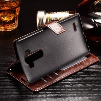 LG G4 Stylus (H635) atverčiamas rudas odinis dėklas - piniginė / Priedai.lt