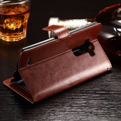 LG G4 Stylus (H635) atverčiamas rudas odinis dėklas - piniginė / Priedai.lt