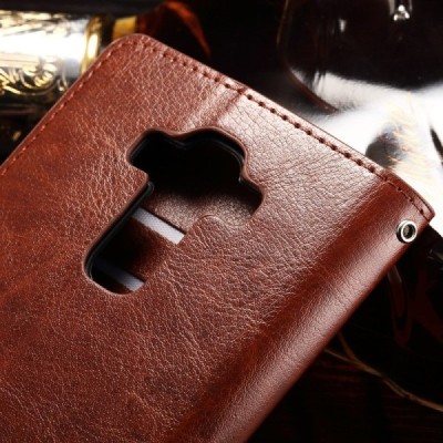 LG G4 Stylus (H635) atverčiamas rudas odinis dėklas - piniginė / Priedai.lt