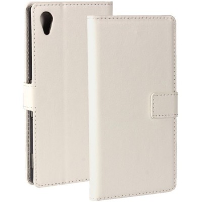 Sony Xperia M4 Aqua atverčiamas baltas odinis dėklas - piniginė / Priedai.lt