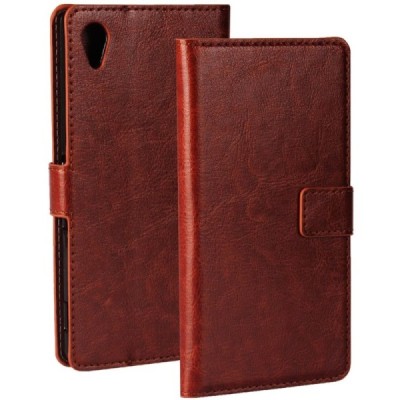 Sony Xperia M4 Aqua atverčiamas rudas odinis dėklas - piniginė / Priedai.lt