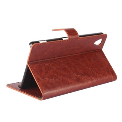 Sony Xperia M4 Aqua atverčiamas rudas odinis dėklas - piniginė / Priedai.lt