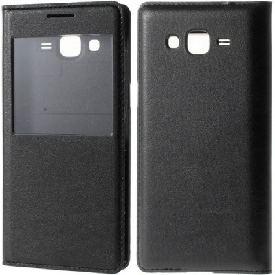 Samsung Galaxy Grand Prime (G530) juodas odinis atverčiamas „Smart Window“ dėklas su langeliu / Priedai.lt