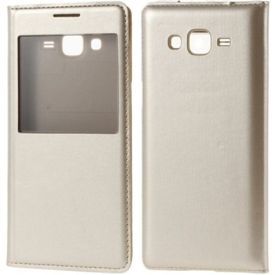 Samsung Galaxy Grand Prime (G530) zelta atvēramais Smart Window ādas maciņš / Vacins.lv