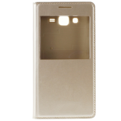 Samsung Galaxy Grand Prime (G530) auksinis odinis atverčiamas „Smart Window“ dėklas su langeliu / Priedai.lt
