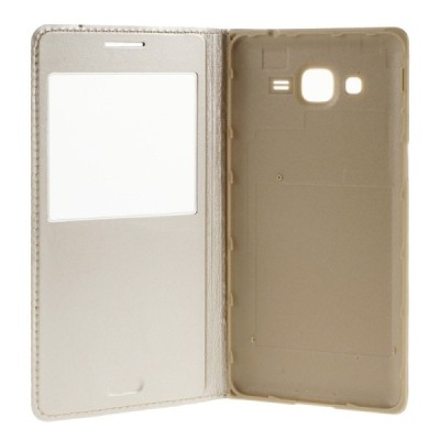 Samsung Galaxy Grand Prime (G530) auksinis odinis atverčiamas „Smart Window“ dėklas su langeliu / Priedai.lt
