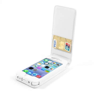 Vertikaliai atverčiamas baltas odinis Apple iPhone SE (5, 5s) dėklas (dėkliukas) / Priedai.lt