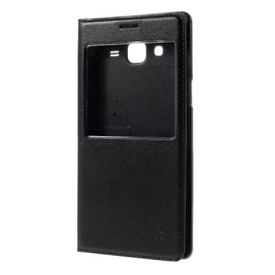 Samsung Galaxy J5 juodas odinis atverčiamas dėklas su langeliu / Priedai.lt