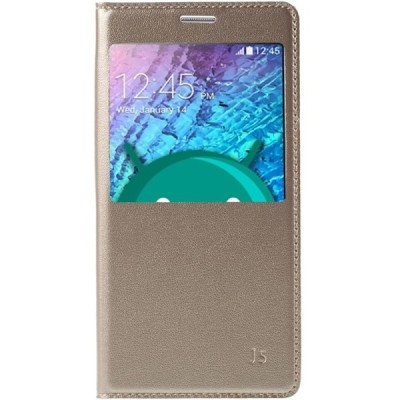 Samsung Galaxy J5 auksinis odinis atverčiamas dėklas su langeliu / Priedai.lt