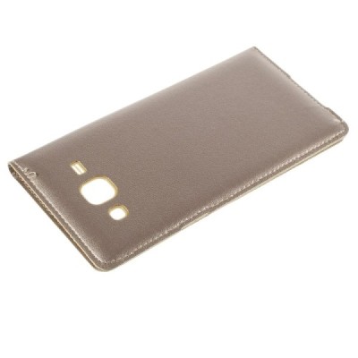 Samsung Galaxy J5 auksinis odinis atverčiamas dėklas su langeliu / Priedai.lt