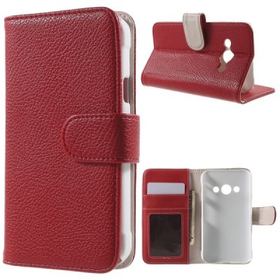 Samsung Galaxy Xcover 3 (G388) atvēramais sarkans ādas Litchi maciņš (maks) / Vacins.lv