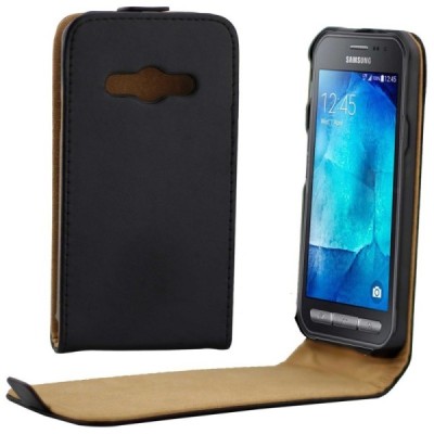 Samsung Galaxy Xcover 3 (G388) klasisks ādas vertikāli atvēramais melns maciņš / Vacins.lv