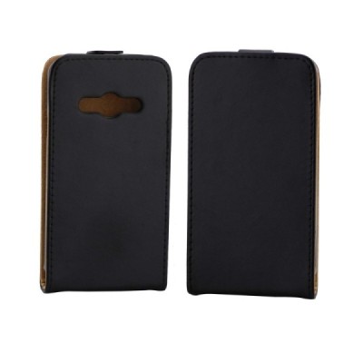 Samsung Galaxy Xcover 3 (G388) klasisks ādas vertikāli atvēramais melns maciņš / Vacins.lv