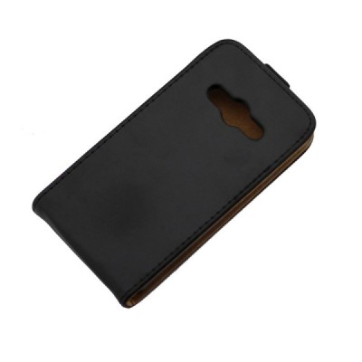 Samsung Galaxy Xcover 3 (G388) klasisks ādas vertikāli atvēramais melns maciņš / Vacins.lv