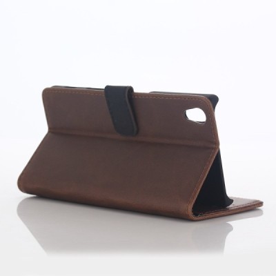 Sony Xperia Z5 atvēramais ādas tumši brūns retro maciņš (maks) / Vacins.lv