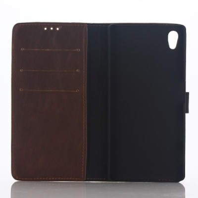 Sony Xperia Z5 atvēramais ādas tumši brūns retro maciņš (maks) / Vacins.lv