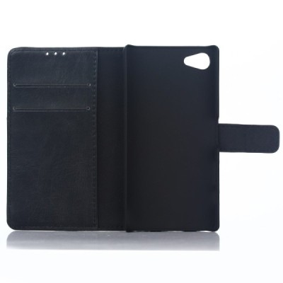 Sony Xperia Z5 Compact atverčiamas juodas odinis retro dėklas - piniginė / Priedai.lt