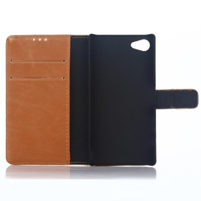 Sony Xperia Z5 Compact atvēramais ādas gaiši brūns retro maciņš (maks) / Vacins.lv