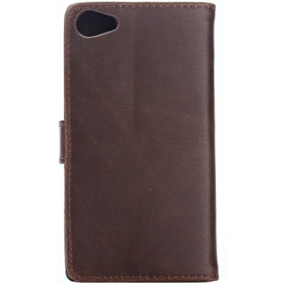 Sony Xperia Z5 Compact atverčiamas tamsiai rudas odinis retro dėklas - piniginė / Priedai.lt