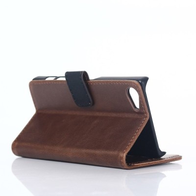 Sony Xperia Z5 Compact atverčiamas tamsiai rudas odinis retro dėklas - piniginė / Priedai.lt