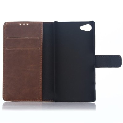 Sony Xperia Z5 Compact atverčiamas tamsiai rudas odinis retro dėklas - piniginė / Priedai.lt