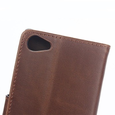Sony Xperia Z5 Compact atverčiamas tamsiai rudas odinis retro dėklas - piniginė / Priedai.lt