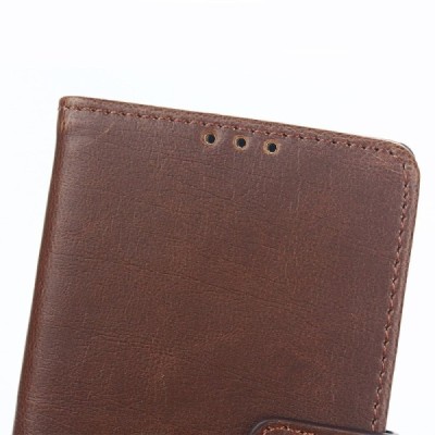 Sony Xperia Z5 Compact atverčiamas tamsiai rudas odinis retro dėklas - piniginė / Priedai.lt