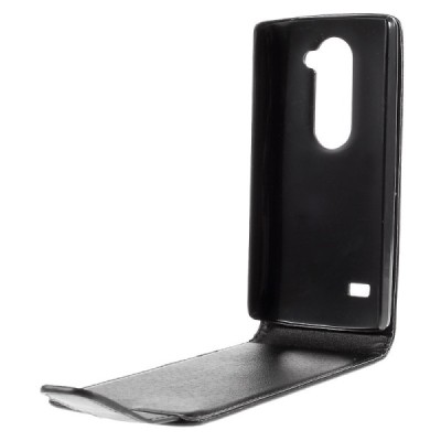 LG Leon 4G LTE (H340, H320) klasisks ādas vertikāli atvēramais melns maciņš / Vacins.lv